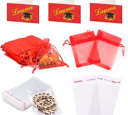 50pz Sacchetti Laurea Portaconfetti Organza Rossa 50pz Biglittini Laurea 100pz Sacchetti Plastica Trasparenti Etichette Festa Bomboniere Confetti Regalo