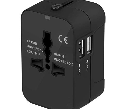 Adattatore da Viaggio, Amoner Adattatore da Viaggio Universale con 2 Porte Caricabatterie USB Adatto per più di 180 paesi (Nero)