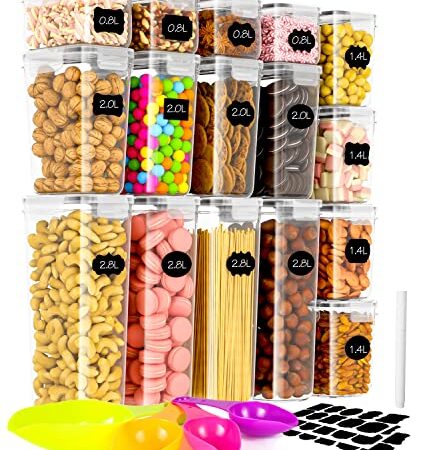 Contenitori Alimentari per Cereali 16 Pezzi Set di Contenitori Plastica con Coperchio 2.8L/2L/1.4L/0.8L Barattoli Ermetici per Alimenti Utilizzato per la Conservazione di Pasta,Cereali,Muesli,Farina