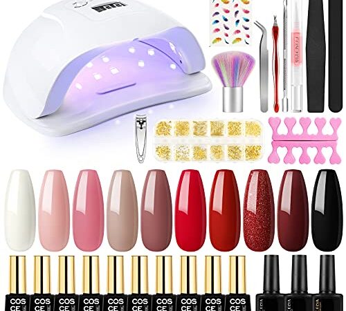 Coscelia Kit Semipermanente Unghie 10 Smalti Gel 80W Lampada LED+UV per Nail Art, Smalto in Base Coat Top Coat Matte Top Coat per Nail Art Ricostruzione Starter Kit Completo