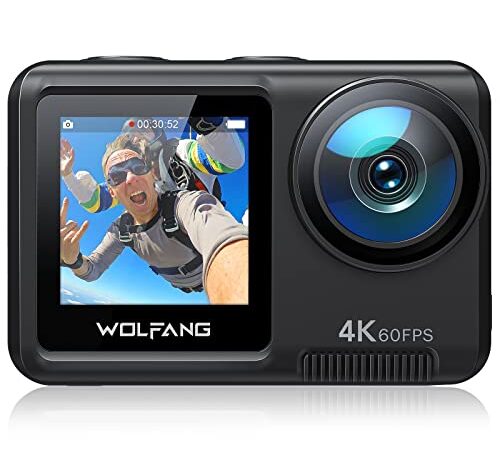 Dual Color Screen Action Cam 4K 60FPS 24MP WOLFANG GA420 WiFi Fotocamera, 10M Corpo/40M Custodia Impermeabile Subacquea Videocamera Casco con Telecomando, Dual Mic, Batterie 2x1350mAh Multi Accessori