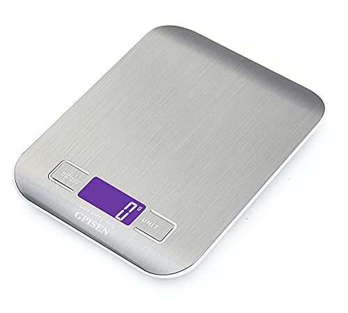 GPISEN Bilancia da Cucina Smart Digitale con Funzione Tare,5kg/11 lbs Professionale Acciaio Inox Alta Precision Bilancia Elettronica per la Casa e la Cucina,Argento,(2 Batteries Incluse)