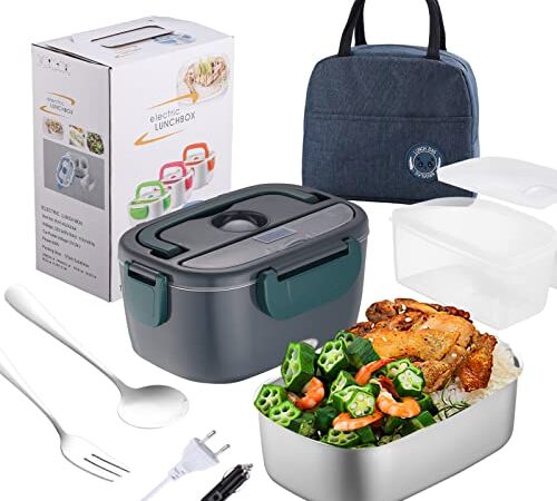 Kimfead Scaldavivande Elettrico 60W Lunch Box Elettrico 12/24/220V Contenitore elettrico Portavivande 1,5L per auto/camion ufficio Casa 12V /24V/ 220V ,Con posate e borsa termica (Blu)