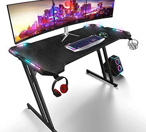 LED Gaming Scrivania Gamer Stile Esport Ergonomic Scrivania per Ufficio Casa con Grande Tappetino per Mouse Porta Bicchiere Supporto Cuffie 120 x 60 x 73 cm, Nero