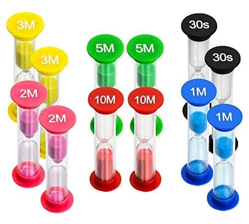 MOKIU Piccole clessidre o clessidra bambini ideale come timer set sabbia. 12 timer denti bambini ma anche orologi di apprendimento vari tempi 30 secondi più 1 - 2 - 3 - 5 - 10 minuti 12 pezzi