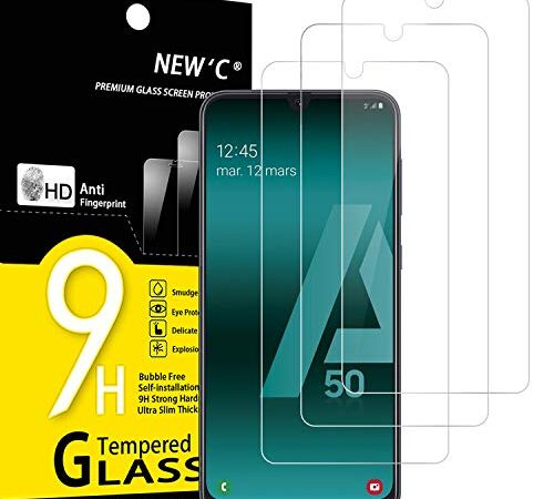 NEW'C 3 Pezzi, Vetro Temperato per Samsung Galaxy A50 (SM-A505F), Pellicola Prottetiva Anti Graffio, Anti-Impronte, Senza Bolle, Durezza 9H, 0,33mm Ultra Trasparente, Ultra Resistente