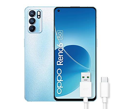 OPPO Reno6 5G, Dual Sim, Mediatek 900, Display 6.43‘’ FHD+ AMOLED 90Hz, Tripla Camera 64MP + 108MP, RAM 8GB Espandibile + ROM 128GB, 4300mAh, con cavo dati Tipo-C, [Versione Italiana], Artic Blue