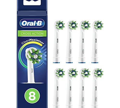 Oral-B Cross Action Testine Spazzolino Elettrico, Confezione da 8 pezzi, con Tecnologia CleanMaximise, Pacco adatto alla buca delle lettere, Bianco