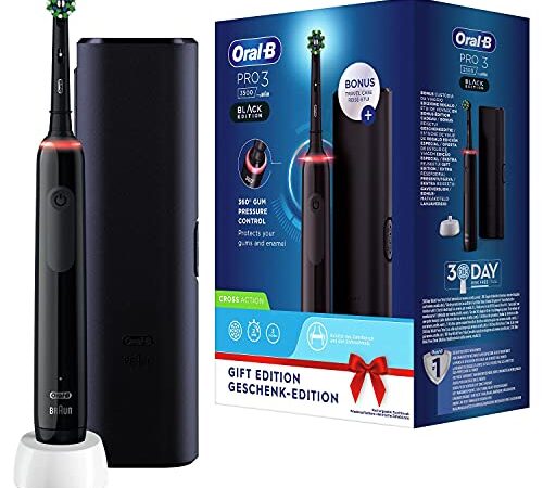 Oral-B Pro 3-3500 Spazzolino Elettrico 3 Modalità di Spazzolamento, Elimina Batteri, Sbiancante Denti, 1 Testina, Custodia Viaggio, Batteria Litio, Idea Regalo, Special Edition, Nero