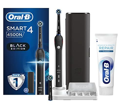 Oral-B Spazzolino Elettrico Ricaricabile Smart 4 4500 CrossAction, 1 Manico Nero Connesso, 3 Modalità Di Spazzolamento, 2 Testine, Custodia Da Viaggio Premium + Dentifricio Gengive & Smalto Repair