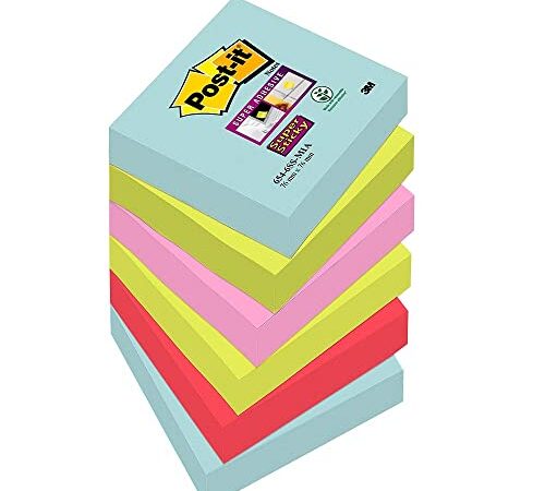 Post-it Foglietti Super Sticky, Collezione Cosmic, Confezione da 6 blocchetti, 90 Fogli/blocco, 76 mm x 76 mm, Colori Turchese, Verde, Rosa, Foglietti Adesivi per Appunti, Elenchi & Promemoria