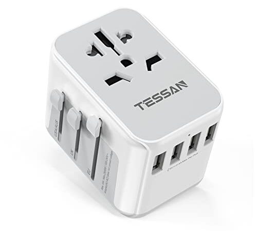 Presa Universale da Viaggio, TESSAN Adattatore Universale, Adattatore da Viaggio con 4 USB e 1 Presa CA, Adattatore Presa Inglese/ Americana/ Europa/ Australia, Adattatore Internazionale 2300W