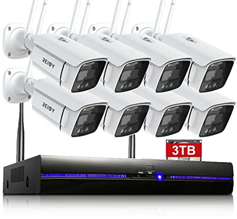 REIGY 3MP Kit Videosorveglianza Disco Rigido da 3TB Preinstallato, 8CH NVR+ 8x1296P Telecamera con Spotlight, Sistema di Sicurezza Wifi Esterno con Visione Notturna Colori, Audio Bidirezionale, IP66