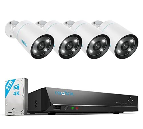 Reolink 4K Kit Videosorveglianza Poe, 4X 8MP Telecamera Esterno con Rilevamento di Persone/Veicoli, Visione Notturna a Colori, Audio Bidirezionale, 8CH 2TB NVR per Registrazione 24/7, RLK8-812B4-A