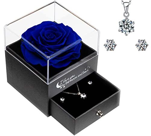 Rose Stabilizzate Vera Idee Regalo Donna -Rosa Eterna Fatta a Mano con Collana e Orecchini Scatola Regalo Compleanno Anniversario San Valentine Regalo per Donna Mamma Fidanzate Moglie-Blu