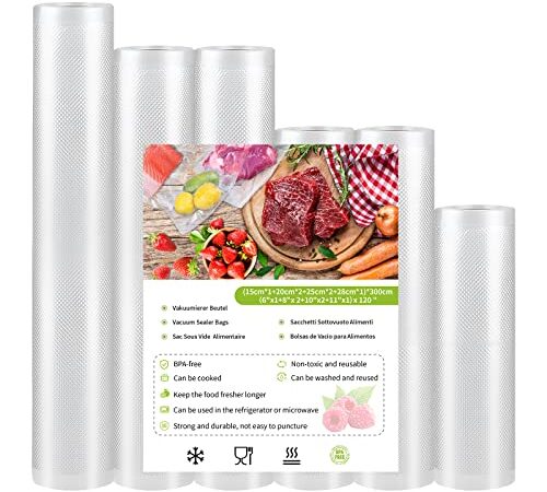 Sacchetti Sottovuoto Rotoli Goffrati per Alimenti - 6 rotolo 15|2x20|2x25|28 x300cm per Conservazione Alimenti e Cottura Sous Vide Compatibile con Qualsiasi Macchina per Sottovuoto