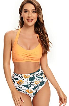 SHEKINI Costume da Bagno Donna Due Pezzi Regolabile Halter Twisted Bikini Top Costumi Donna Mare Due Pezzi Vintage Stampati Ruched A Vita Alta Bikini Fondo (Arancia, S)