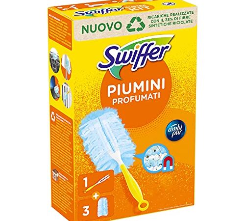 Swiffer Piumini Catturapolvere, 1 Manico Ergonomico E 3 Piumini Duster, Cattura e Intrappola Polvere e Sporco, Raggiunge I Punti Più Difficili Della Casa, Maxi Formato