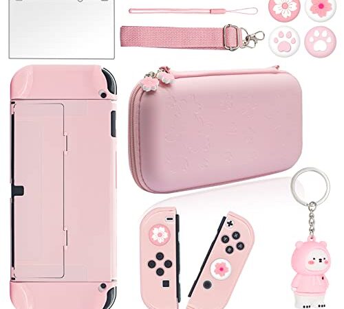 Switch Custodia per Nintendo Accessori Compatibile con Switch OLED, Custodia per Switch da Viaggio Custodia Protettiva Kit Borsa (Rosa)