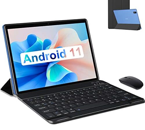 Tablet 10 Pollici con Wifi Offerte Android 11, Tablet in Offerta 4GB RAM 64GB/TF 256GB Quad Core 1.8Ghz Tablet PC 6000mAh Bluetooth Netflix Type-C Tablet con Tastiera e Mouse(WiFi Versione),Blu