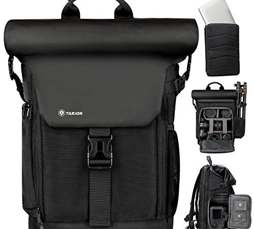 TARION SP01 Zaino per fotocamera Borsa per fotocamera in tela con scomparto per laptop rimovibile Zaino per fotografia con copertura antipioggia impermeabile Nero