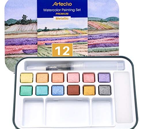 Artecho Set di Acquerelli, 12 Colori Metallizzati, Include Pennello, Leggero e Portatile, Perfetto per Hobby e Artisti Professionisti, Idea Regalo