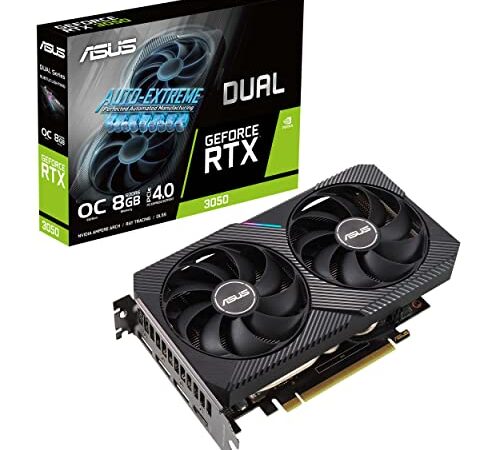 ASUS Dual NVIDIA GeForce RTX 3050 OC Edition Scheda Grafica, 8GB GDDR6, PCIe 4.0, HDMI 2.1, DisplayPort 1.4a, Due Ventole Axial-Tech, PSU Consigliata 550W, GPU Tweak II, Tecnologia 0dB, LHR, Nero