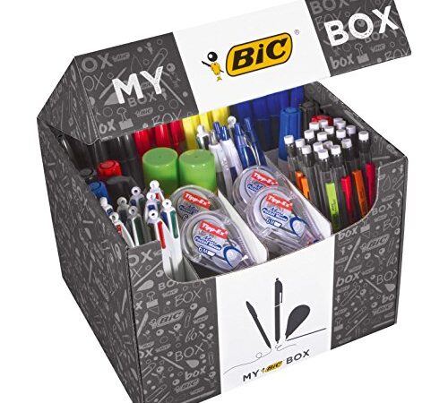 BIC, My BIC Box, Set Completo Cancelleria Casa e Ufficio, Penne a Sfera, Portamine, Pennarelli indelebili, Evidenziatori, Bianchetti a Nastro, Colla, 115 Unità + 9