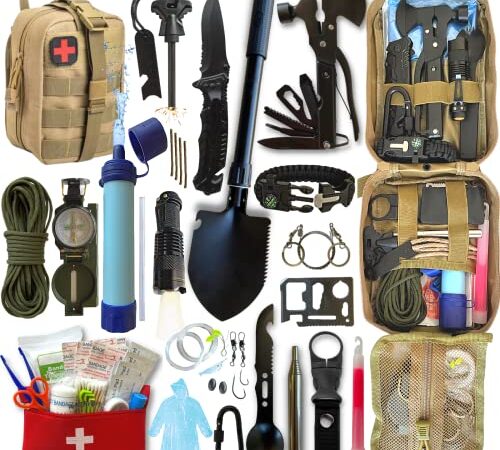 BIRKOSCH | Kit di Sopravvivenza ULTRA COMPLETO + Kit di Primo Soccorso | Cannuccia Filtrante - Mini Pala Pieghevole - Bussola – Pinza Accetta Multifunzione – Coltello -Accendifuoco -Accessori Militari