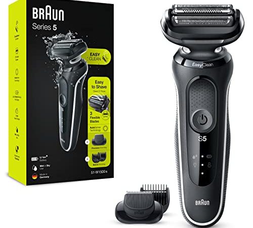 Braun Serie 5 Rasoio Elettrico Barba Accessorio Regolabarba Incluso, Con Lame Flessibili, Tecnologia AutoSense E EasyClean, Wet&Dry, Ricaricabile, Idea Regalo, 51-W1500s Bianco