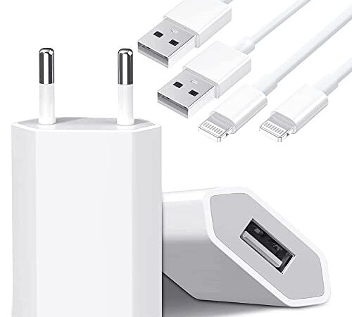 Caricatore iPhone - Certificato Apple MFi - 2 Pack Caricabatterie USB da Muro e 1M Cavo da Lightning a USB 5V-1A Presa Alimentatore Ricarica Spina Compatibile con 13/SE/12/11/XS Max/XR/X/8/7/6/iPad