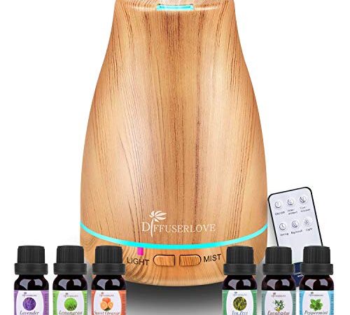 Diffuserlove Diffusore di Oli Essenziali 200 ML Ultrasuoni Diffusore Ambiente di Aromi di Legno Diffusore Nebbia Umidificatori con 7 Luci LED a Colori per Camera da Letto Ufficio Camera Casa