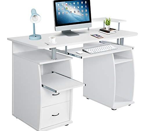 DREAMADE Scrivania per Computer Ufficio Lavoro, Tavolo Porta PC Laptop in Legno, Scrittoio per Studio con 2 Cassetti, Scomparto per Host, Ripiano rialzato, Ripiano Tastiera Scorrevole (Bianco)