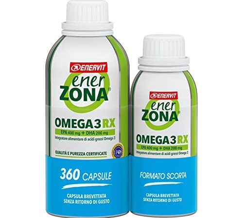 Enervit, Enerzona Omega 3 RX, Senza Ritorno di Gusto, Integratori Omega 3, Acidi Grassi per Cuore, Vista e Cervello, Olio di Pesce Omega 3 Capsule, Senza Glutine, Flacone 240+120 Capsule da 1 Grammo