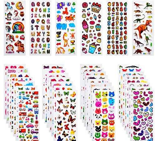 Habett Adesivi per Bambini, 920+ Adesivi 3D Stickers per Puffy Adesivi per Regali Gratificanti Scrapbooking Inclusi Camion, Unicorno, Animali, Pesci, Dinosauri, Numeri, Frutta e Altro (36 Fogli)