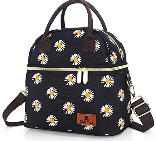 Hafmall Borsa Termica Porta Pranzo Piccola Doppio Strato, Borsa Frigo Tracolla per Donna e Uomo, Lunch Bag Impermeabile per Ufficio e Scuola, Nero + Margherit