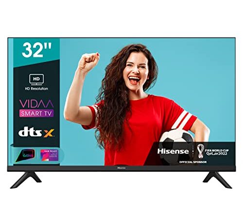 Hisense 32" LED HD Ready 2022 32A4FG, Smart TV VIDAA 4.2, Audio 2.0 12W, Controlli vocali Alexa, Tuner DVB-T2/S2 HEVC 10, lativù, Telecomando RaiPlay, Nero