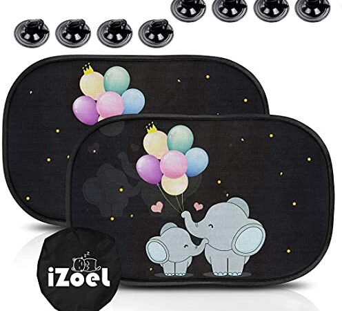 iZoeL Parasole Auto per Bambini, 2 Pezzi Parabrezza Finestrino Laterale, Motivo Elefante, Autoadesivo, 8 Ventose, Custodia, 51 x 31 cm, Universale Protezione Solare E UV