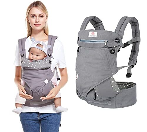 JoyLife Marsupio Neonati Ergonomico, Puro Cotone Porta Bebè Bambino con 4 Posizioni di Trasporto, Leggero e Traspirante per Bambini Neonato Piccolo da 3-36 Mesi (3,5 kg a 20kg) - Grigio