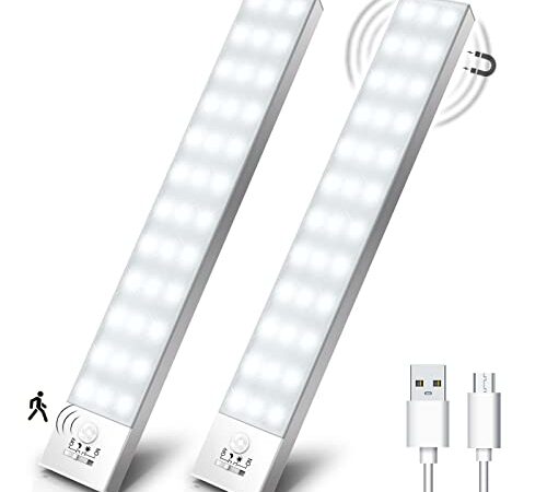 Luce Armadio LED con Sensore di Movimento Luci Notturna 36 LED 4 Modalità Lampada Guardaroba Luce da Esposizione 800mAh USB Ricaricabile Cucina, Scale, Corridoio, Garage - 23cm*2 Pezzi