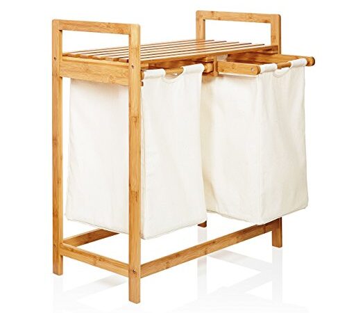 Lumaland Cesto Portabiancheria con 2 Scomparti Estraibili in bambù - Mobile Cesto Biancheria Salvaspazio - Cesto per Il Bucato con Mensola per Il Bagno - 73 x 64 x 33 cm - Beige