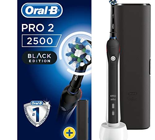 Oral-B Spazzolino elettrico ricaricabile Pro 2 2500 con 1 impugnatura con sensore di pressione, 1 testina e 1 custodia da viaggio gratuita, nero, rimuove fino al 100% della placca, idea regalo