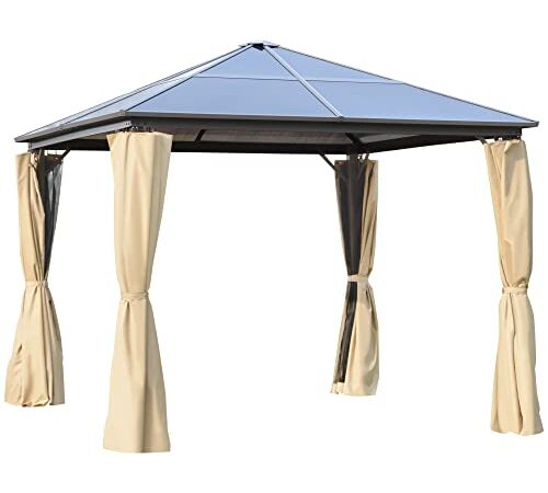 Outsunny Gazebo da Giardino 2.94x2.94m con Tetto in Policarbonato e Zanzariere, Struttura in Alluminio, caffè e Khaki