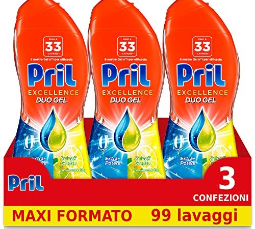 Pril Excellence Duo Gel, Detersivo in Gel, azione sciogligrasso, con limone, Formato da 3 Confezioni da 33 Lavaggi