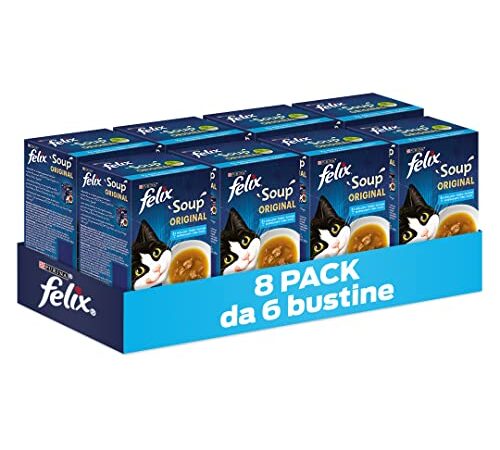 Purina Felix Soup Original Cibo Umido per Gatti con Merluzzo, Tonno e Platessa, 8 Confezioni con 48 Buste da 48g