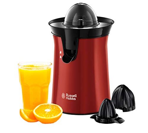 Russell Hobbs Spremiagrumi Elettrico, Bicchiere Grande e Piccolo, Rotazione bidirezionale (destra/sinistra), Antigoccia, lavastoviglie ok, 60 W, senza BPA, Rosso, 26010-56