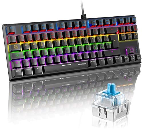 TECKNET Tastiera Gaming Meccanica, Mini Tastiera da Gioco Ergonomica 88 Tasti con Interruttore Blu Anti-fantasma e Arcobaleno Retroilluminato per PC Notebook Laptop Desktop