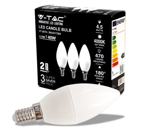 V-TAC Lampadina LED a Candela con Attacco Edison E14, 4,5W (Equivalenti a 45W), Candela, 470 Lumen, Luce Bianca Naturale - (Box 3 Pezzi)