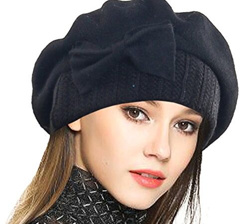 VECRY Donna Berretti 100% Lana Berretto Abito Beanie Invernale Cappello (Nero)