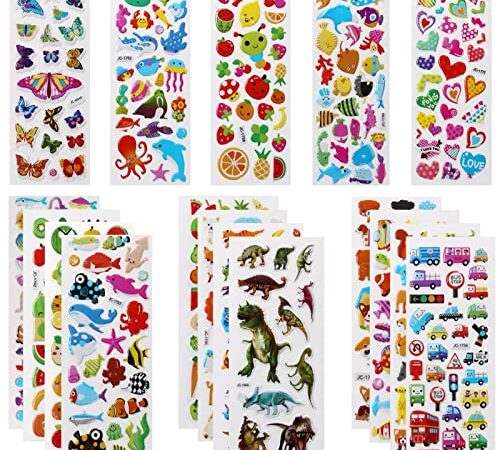 Vicloon Adesivi per Bambini 500+ Adesivi 3D, Puffy Adesivi per Regali Gratificanti Scrapbooking Inclusi Animali, Pesci, Dinosauri, Numeri, Frutta, Camion, Aeroplani e Altro(22 Fogli)